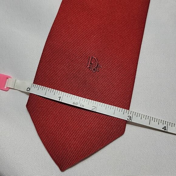Christian Dior Tie Solid Red Embroidery Logo Designer Skinny Business Vintage - Picture 7 of 7